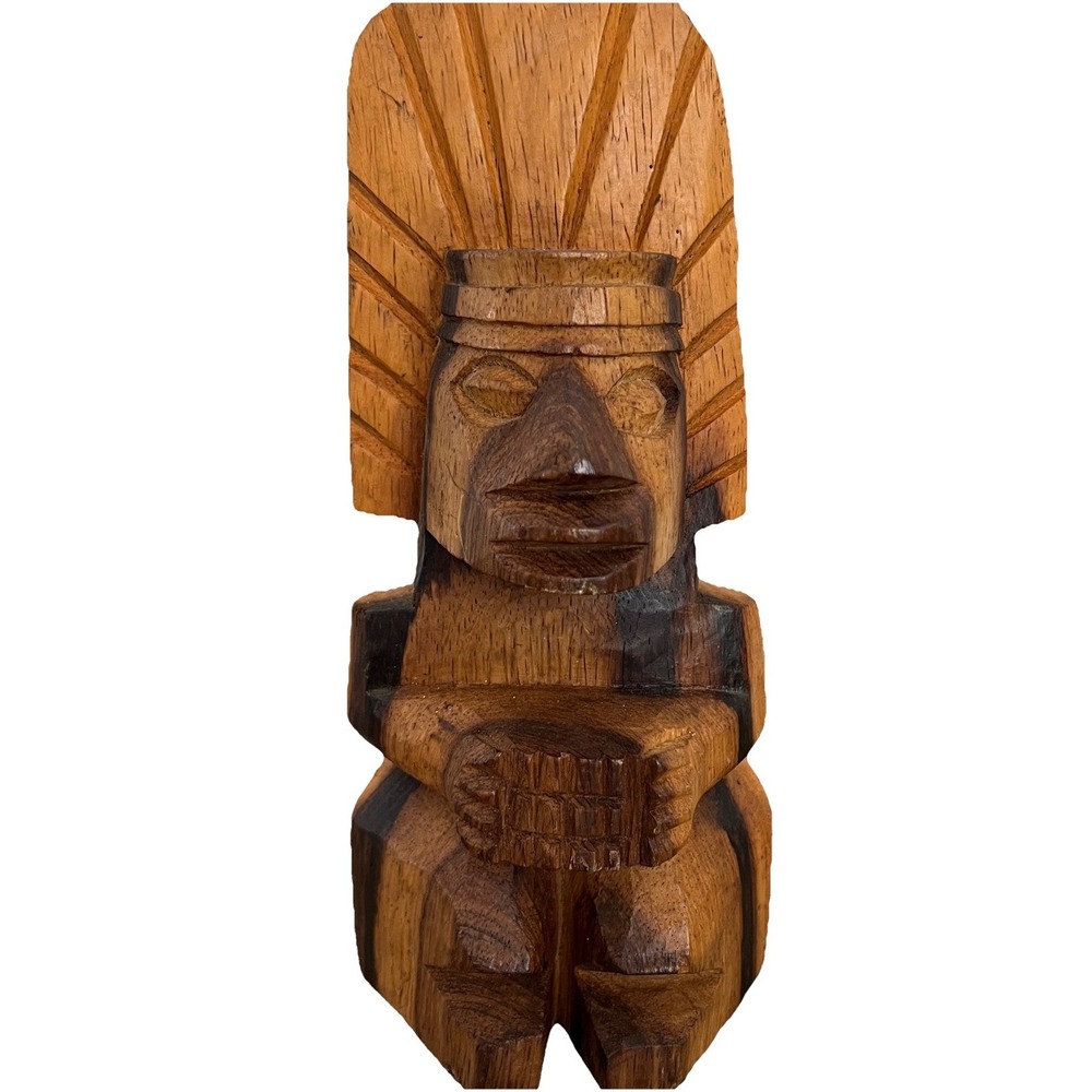 Vintage Hand Carved Wood Tiki Statue Polynesian Decor Retro Island Art 10x4.5"